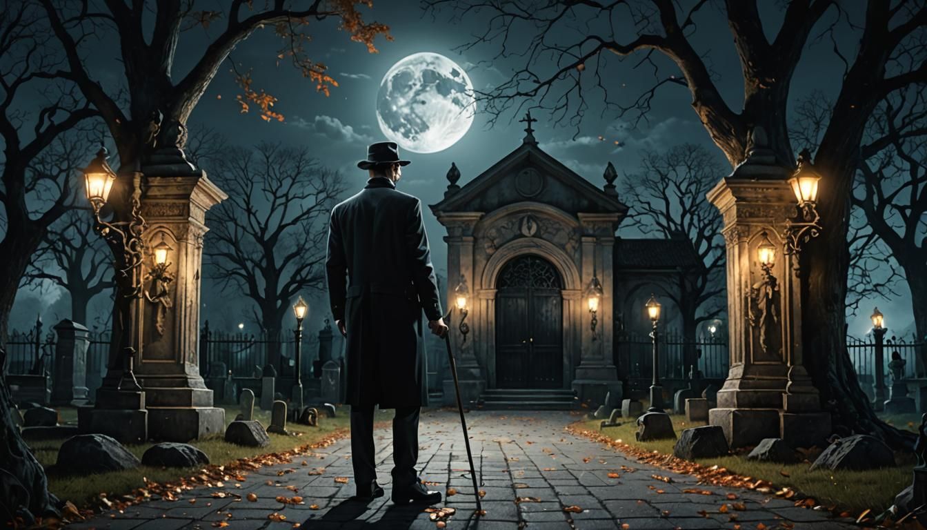 Elegant Man at Cemetery Gate in Hyperrealism