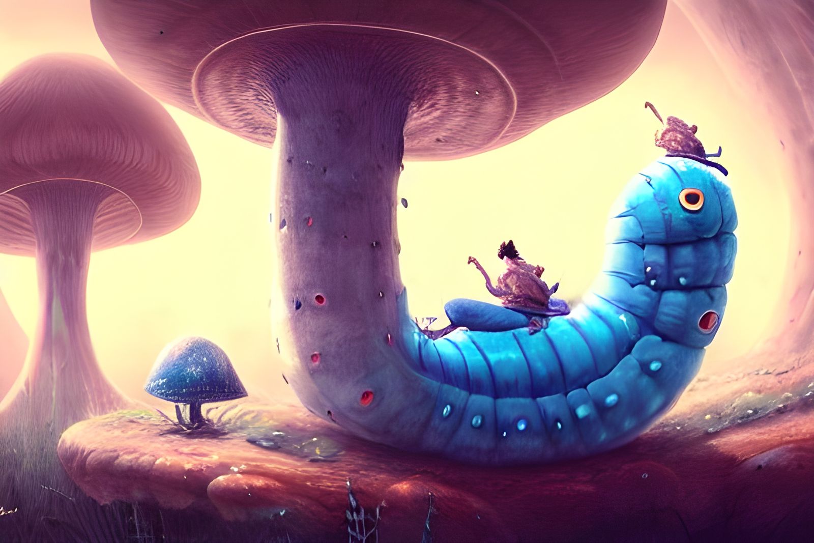 Absolem on Mushroom in Wonderland, Hyperdetailed Rendering