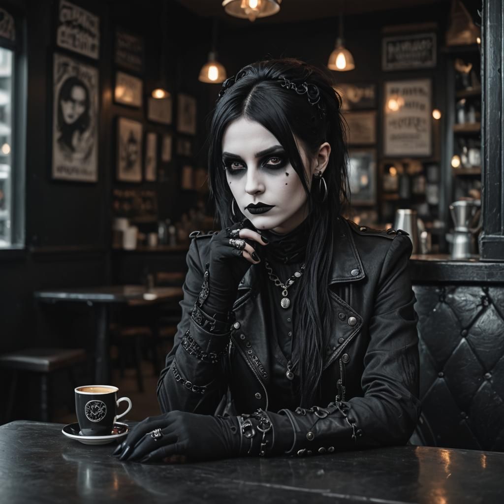 Goth Fashion Model in Coffee Shop