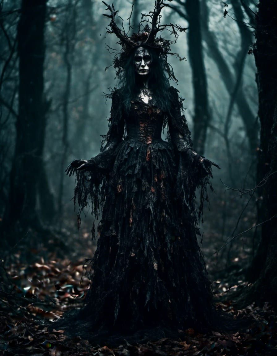 Hyperrealistic Macabre Witch in a Dark Forest