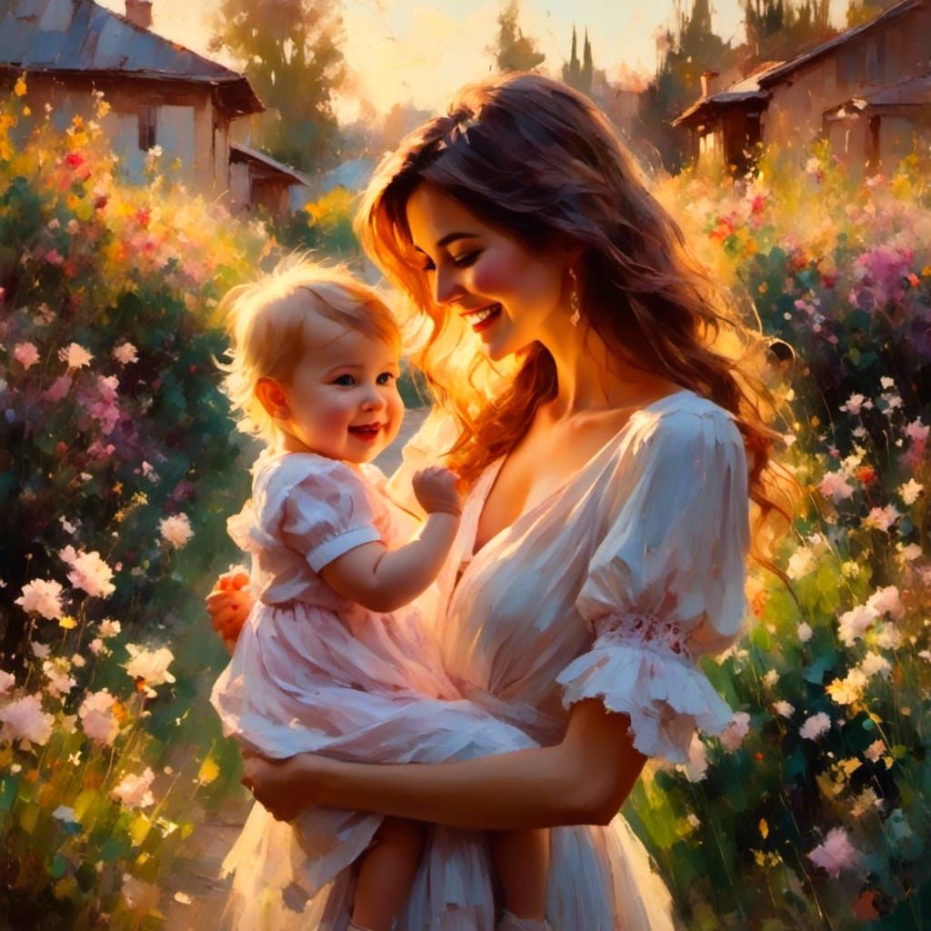 Charming Mother and Child in Lush Garden