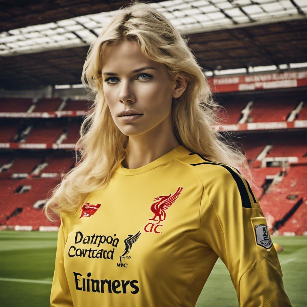 Claudia Schiffer as Liverpool Goalkeeper in Hyperrealism