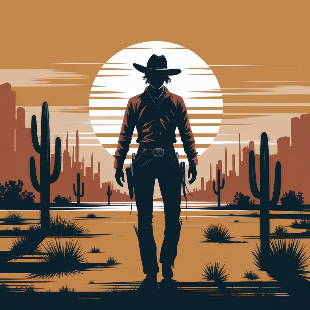 Solitary Cowboy in Desert Sunset, Rothko and Dix Style