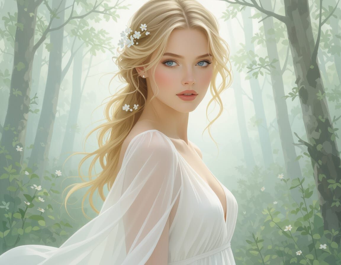 Ethereal Blonde Woman in Misty Forest, Pre-Raphaelite Style