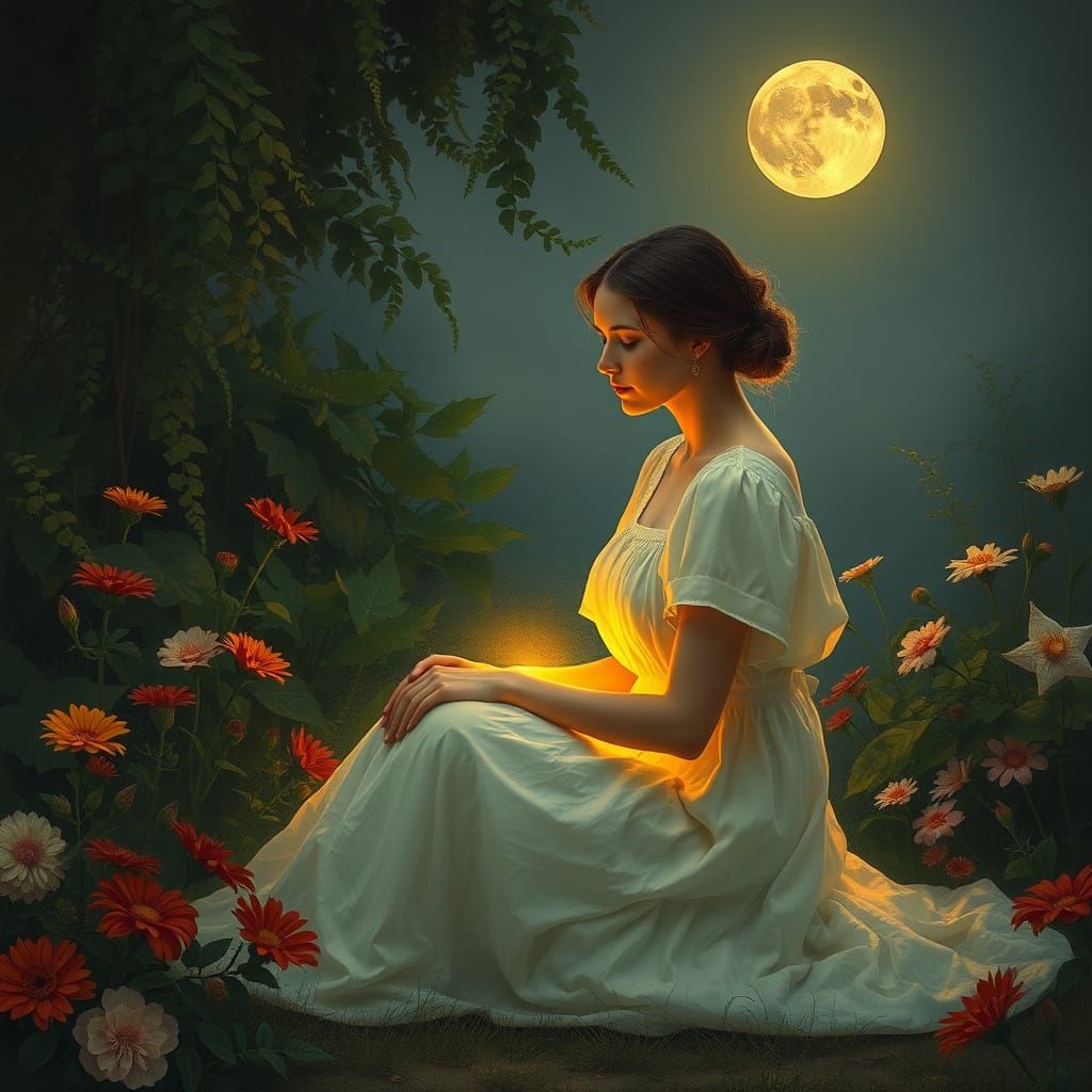 Woman in Moonlit Garden, Embracing Gentle Eternity