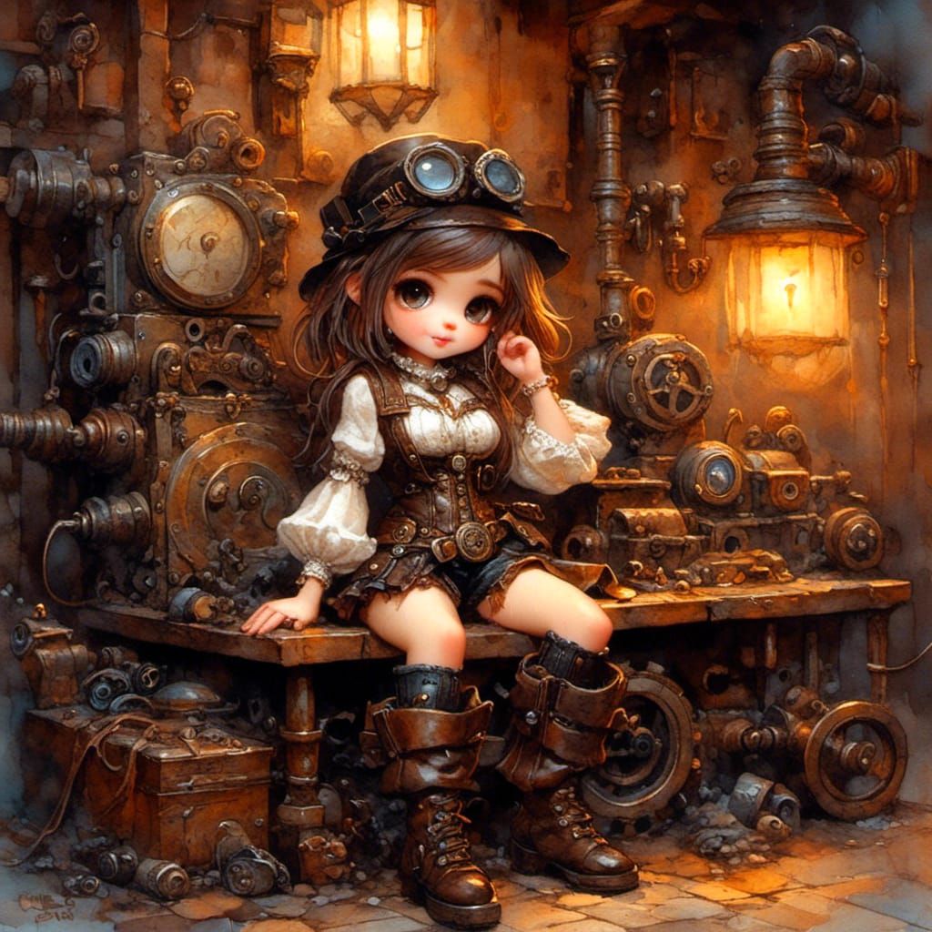 Steampunk Girl with Gears in Grimy Alleyway
