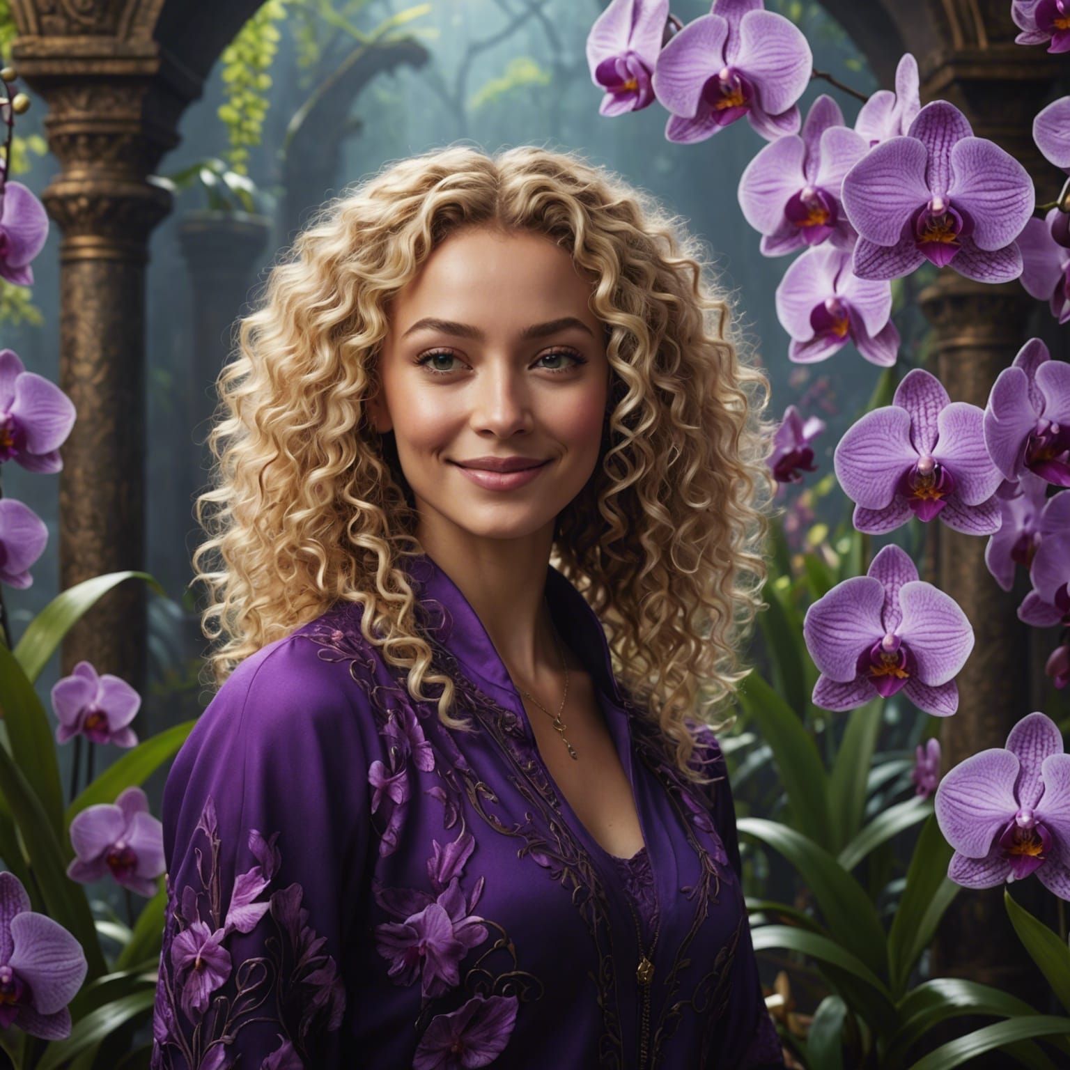 Blonde Woman Among Purple Orchids: Fantasy Art