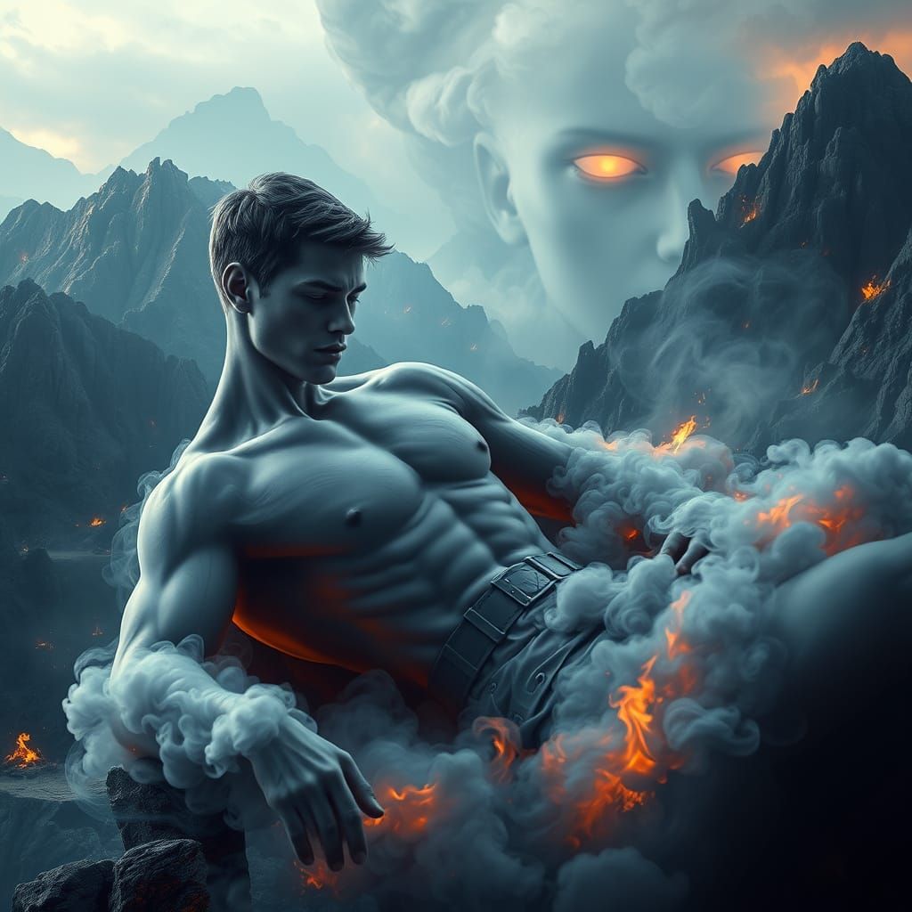 Grey Smoke Figure Contemplates Amidst Burning Ruins