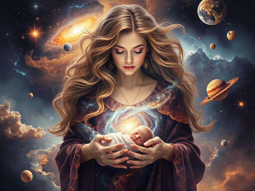 Cosmic Goddess Nurtures New Galaxy in Celestial Embrace