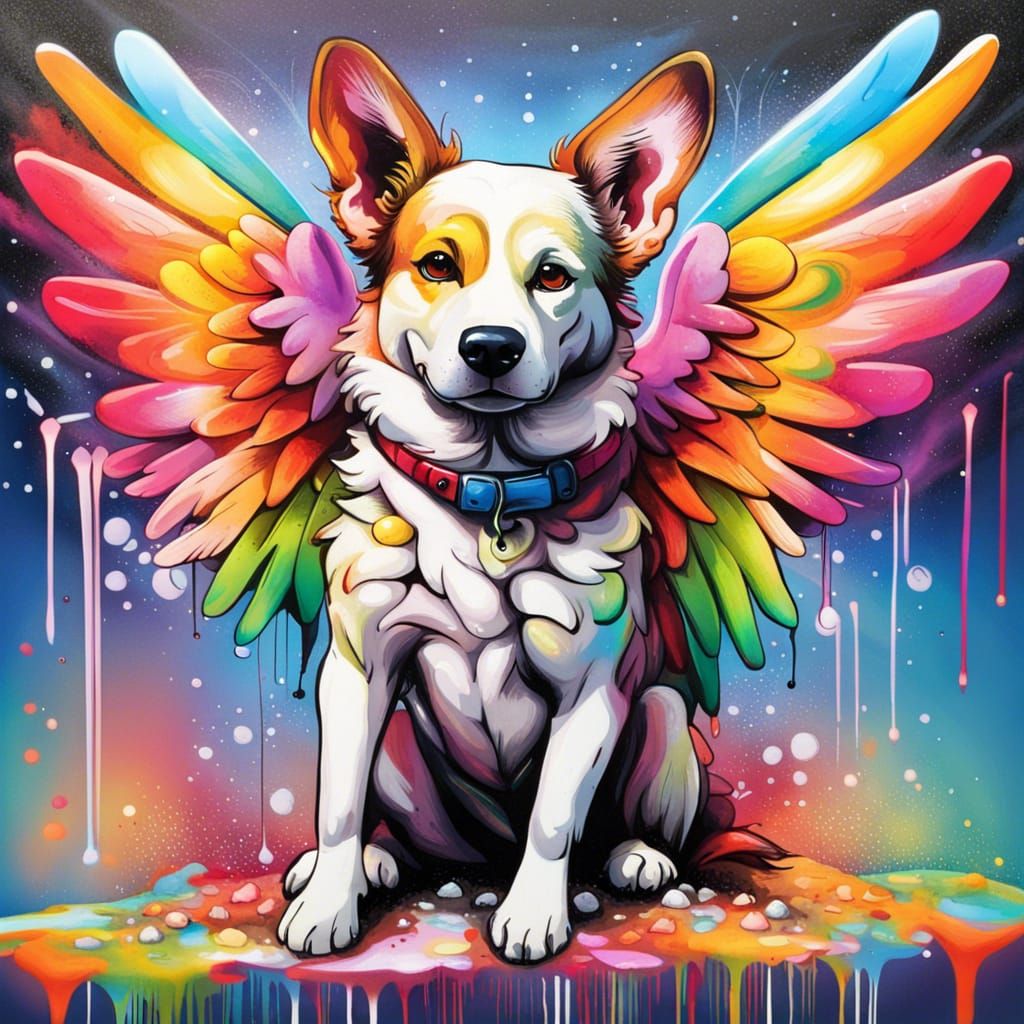 Whimsical Winged Dog on Rainbow Bridge in Graffiti Style