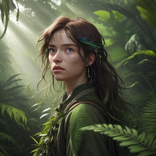 Rural Girl in Jungle, Hyper-Realistic Digital Art