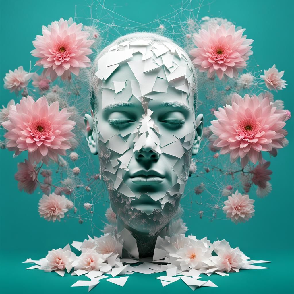 Surreal Fragmented Figure with Floating Objects