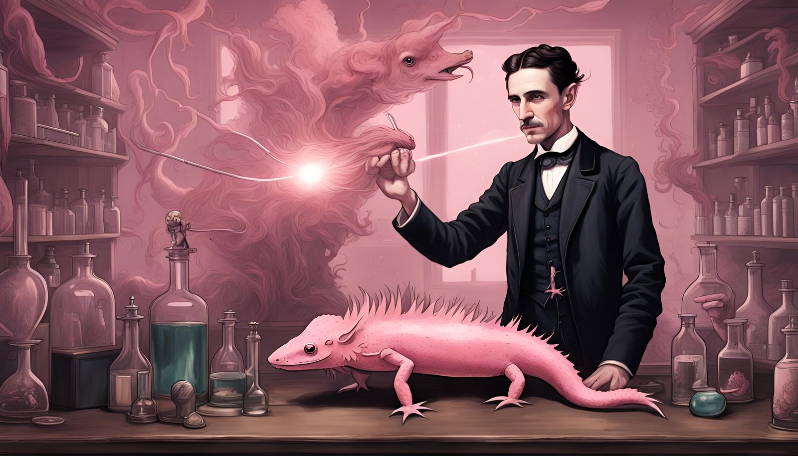 Tesla and Axolotl in Laboratory Wallpaper