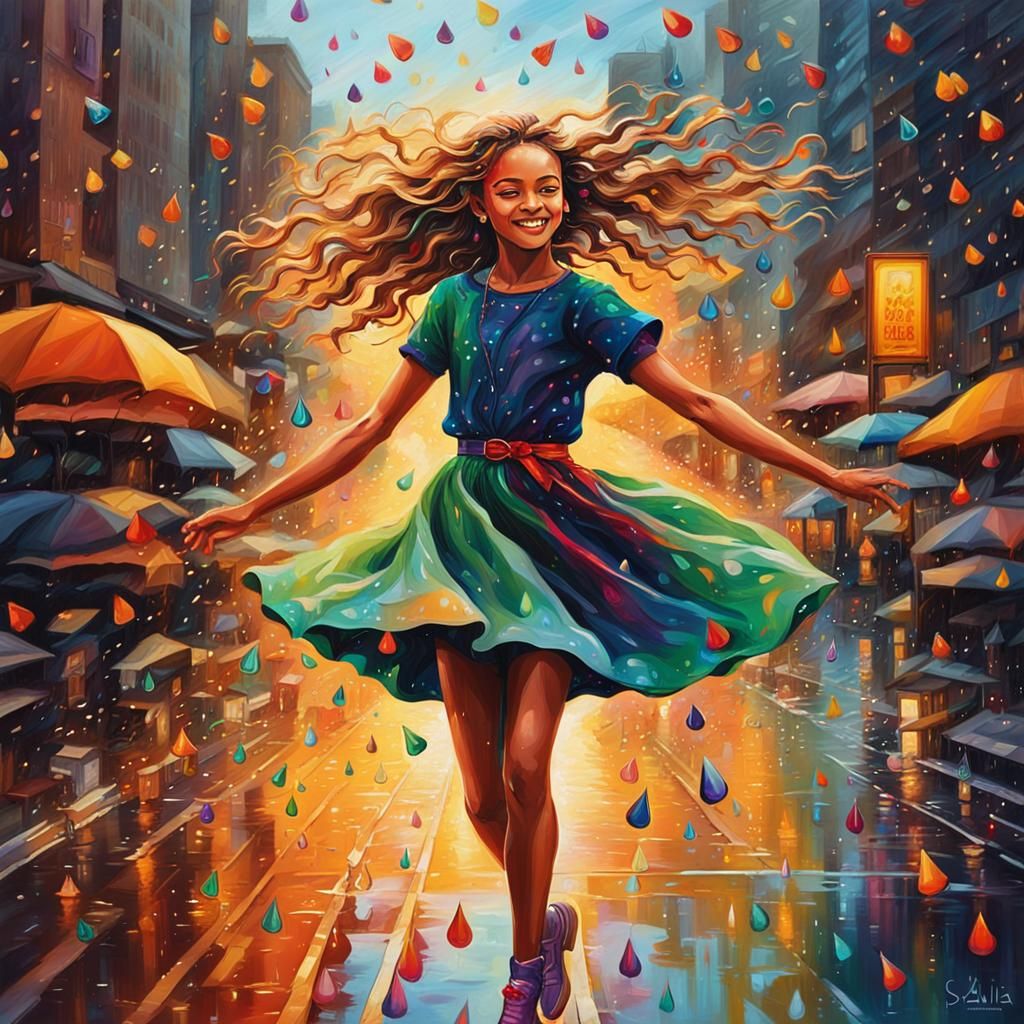 Girl Dances in Rainy City: Impressionistic Oil Painting