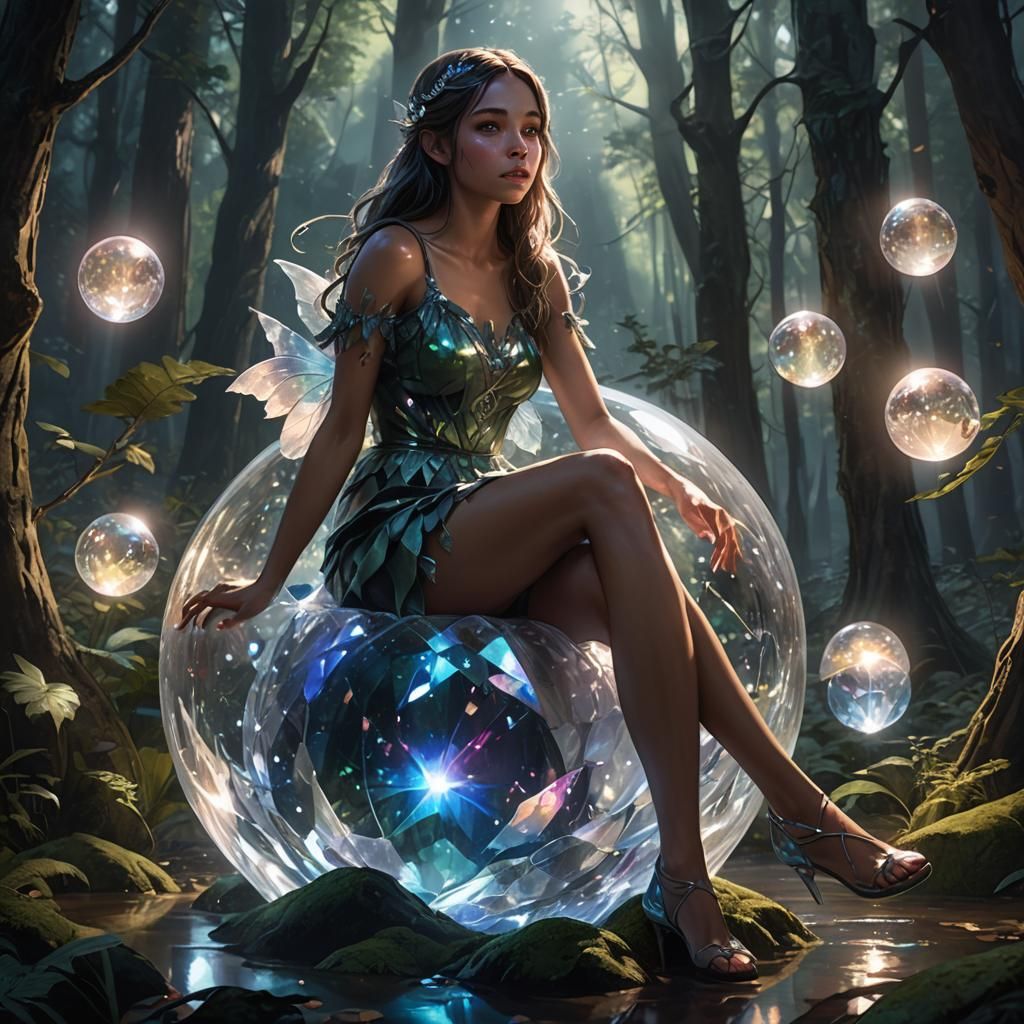 Girl on Crystal Ball in Moonlit Forest