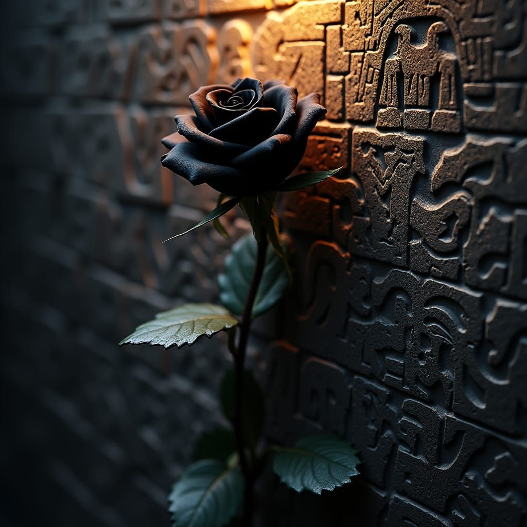 Black Rose Against Aztec Stone in Fantasy Realism