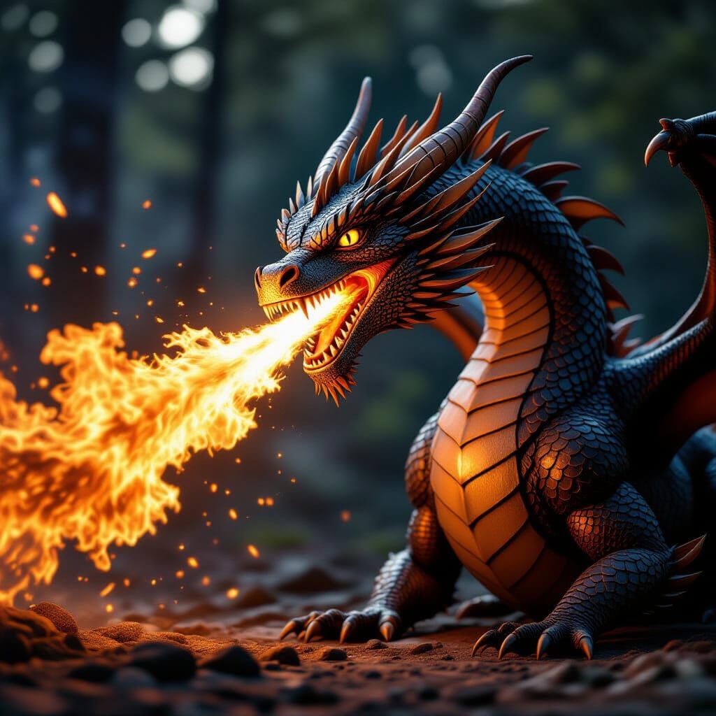 Majestic Dragon Exhales Fiery Torrent in Realistic Photograp...
