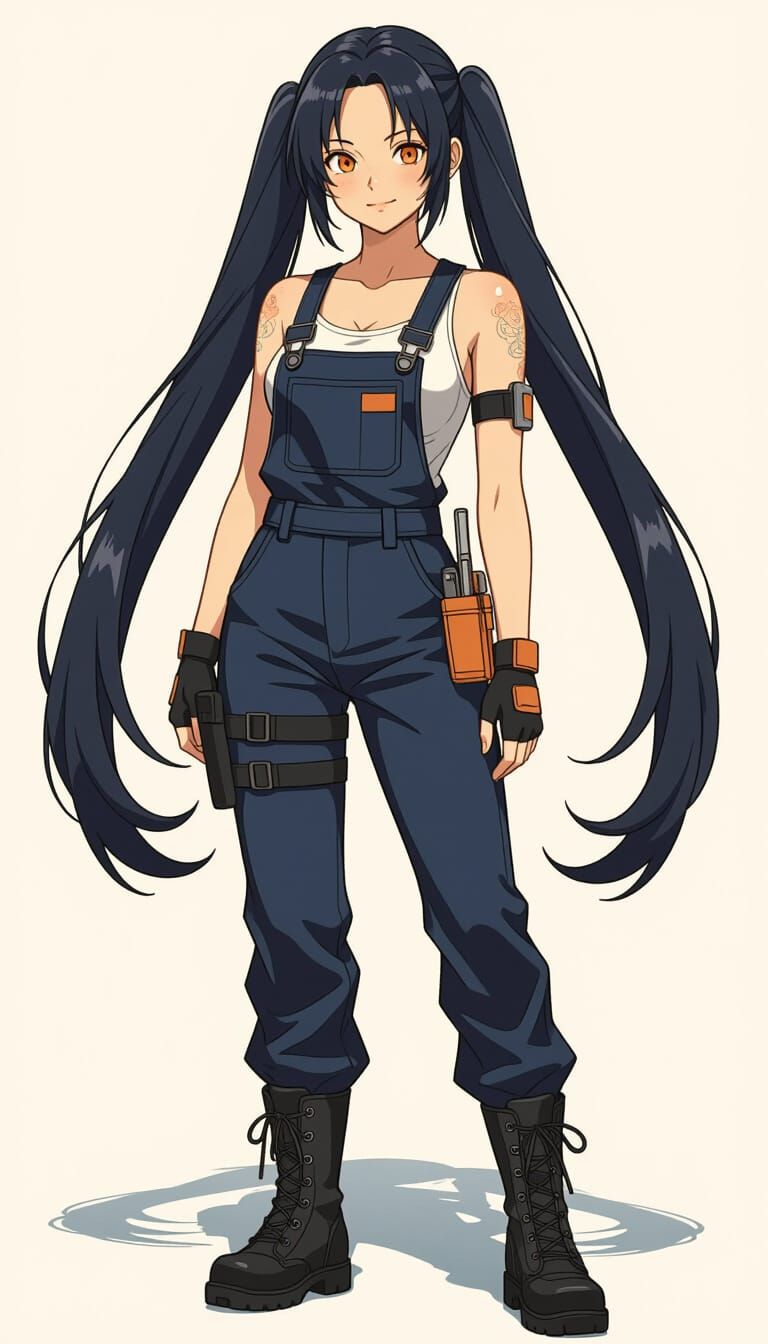 Anime-Style Engineer with Orange Eyes and Twin Tails