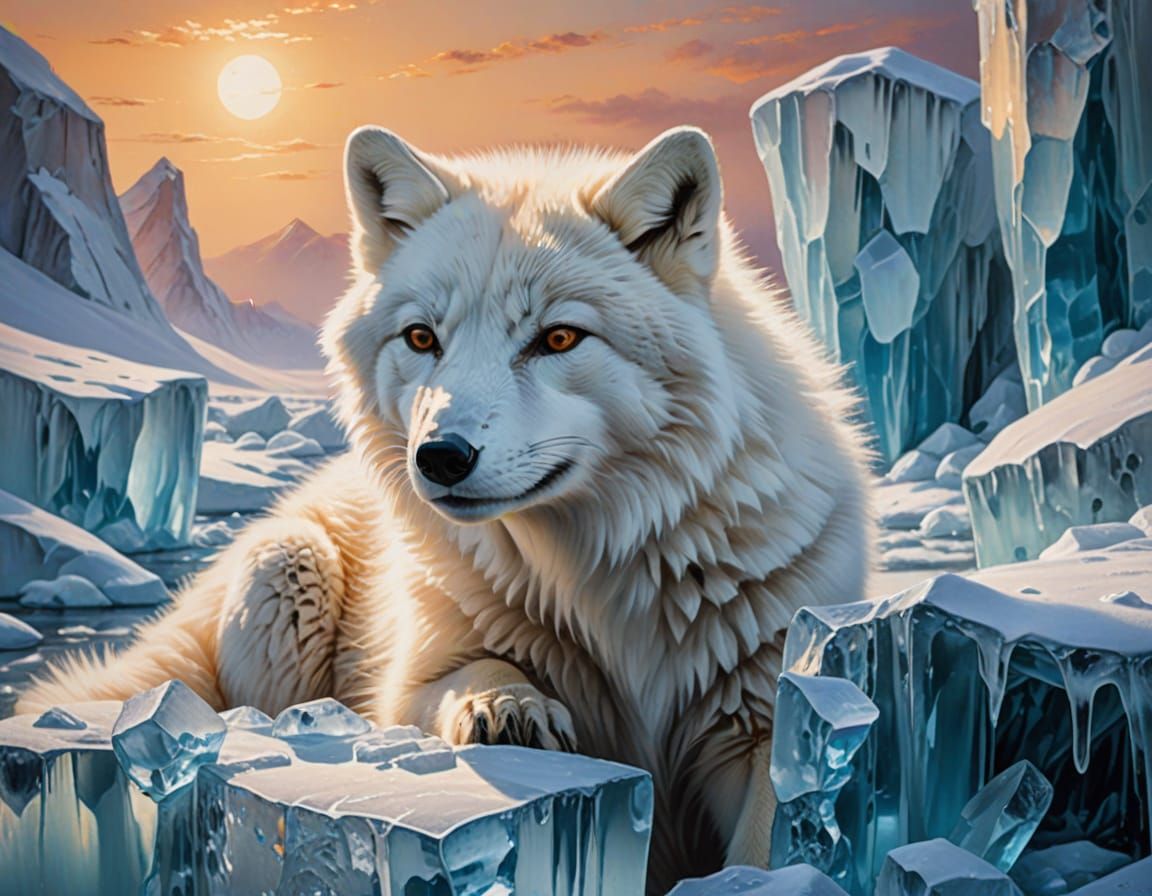 Polar Fox Hiding from Polar Bear as Oil Painting