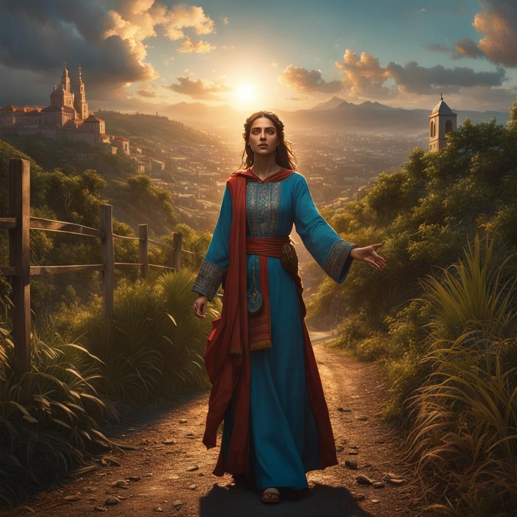 Woman Guided by Christ on Path to Light