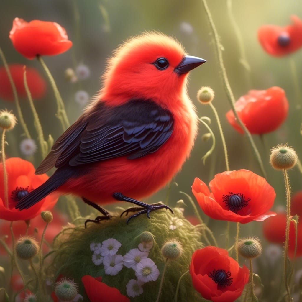 Floofy Scarlet Tanager Chick in Poppies, Macro