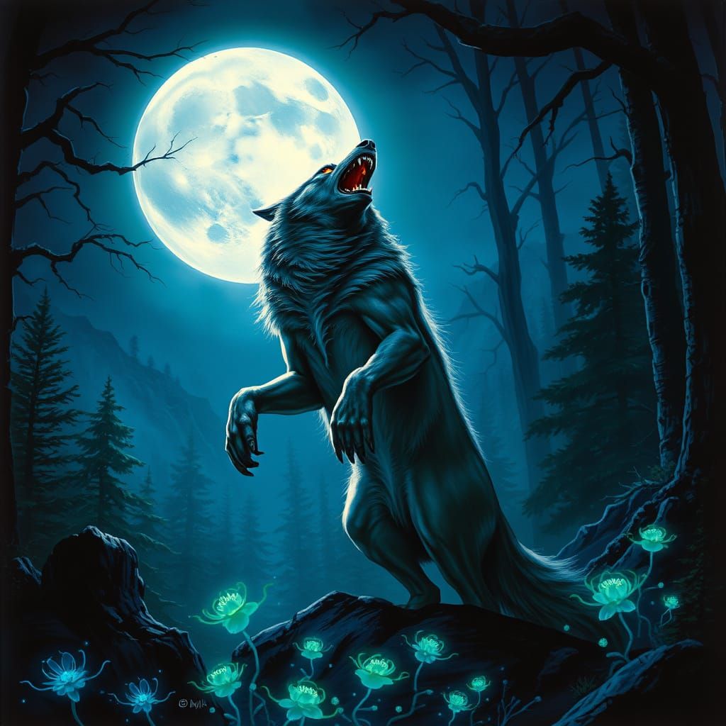 Powerful Wolf Roars Under Full Moon