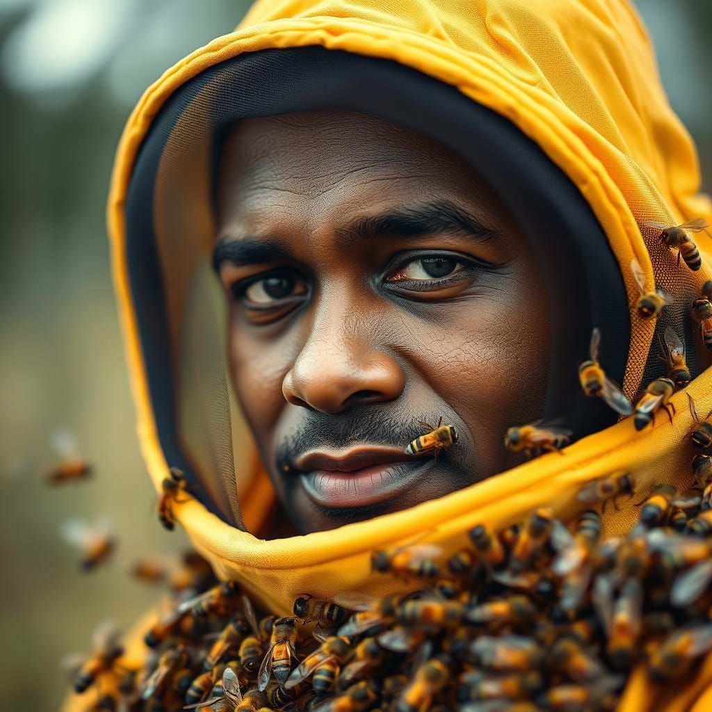 Portrait of a Beekeeper in a Swarm of Bees