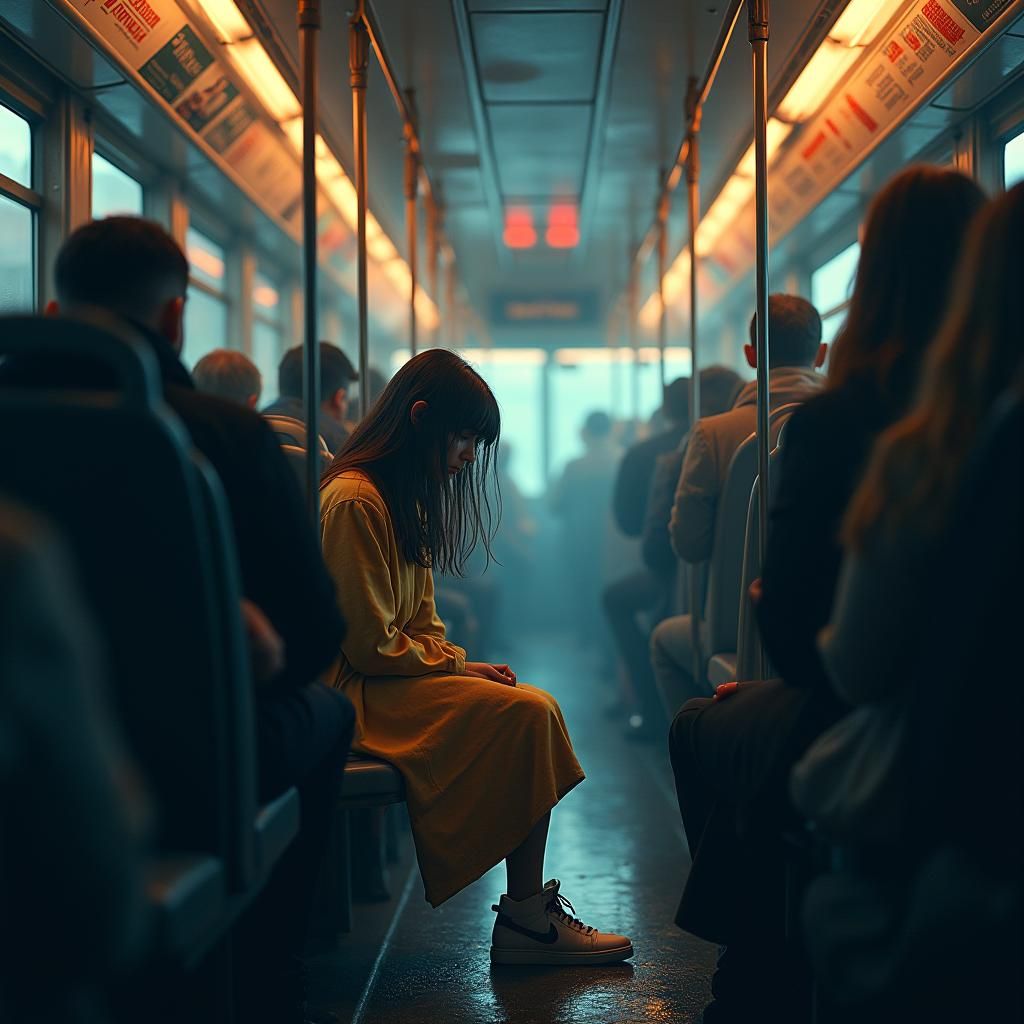 Melancholy Girl on Crowded Bus: Matte Painting