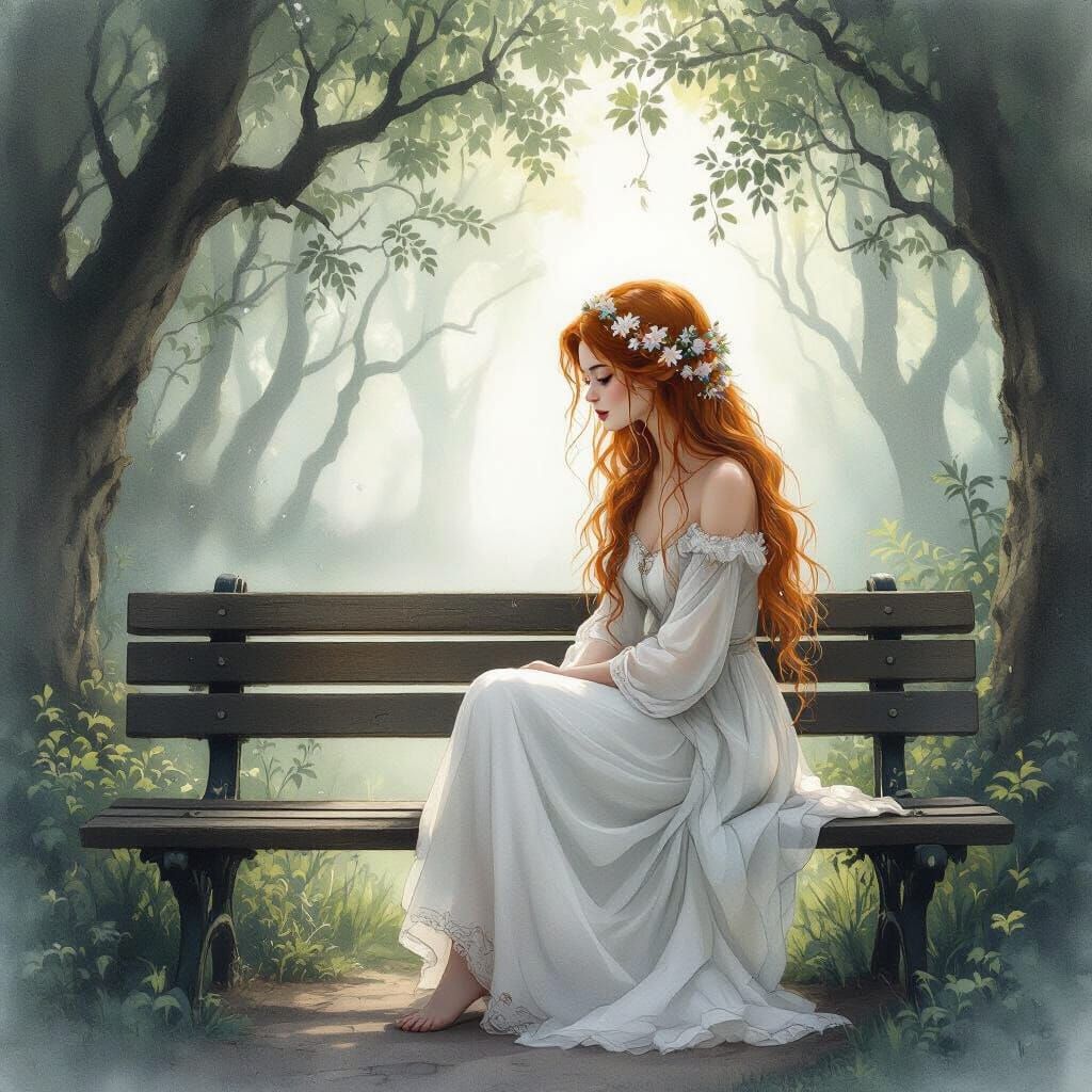 Ethereal Woman in Foggy Forest, Watercolor Style