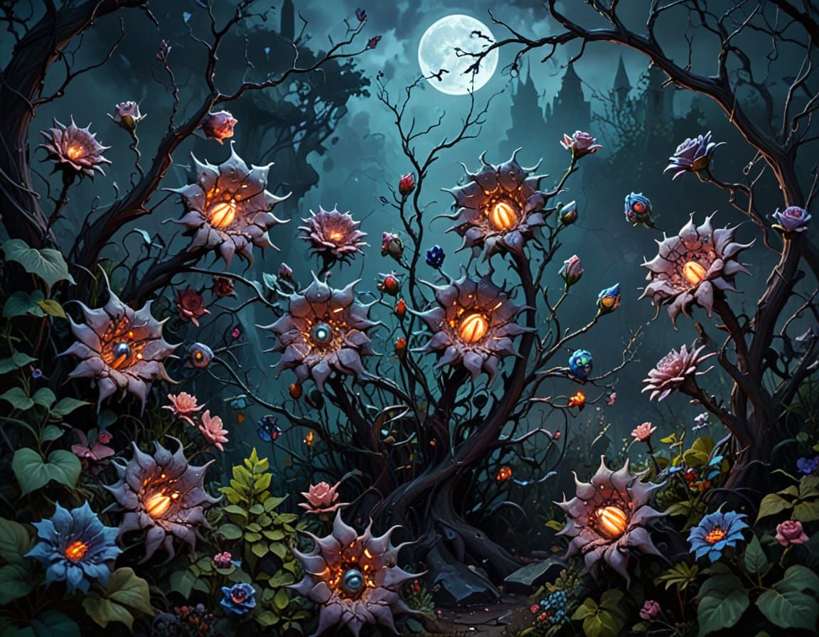 Eerie Dark Fantasy Garden with Flowers and Teeth