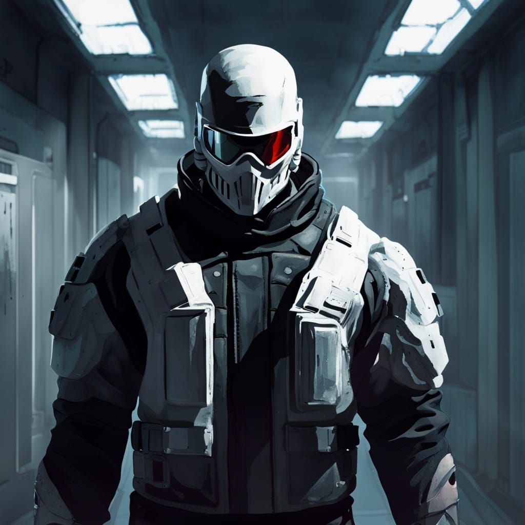 Intimidating Armored Soldier in Research Facility