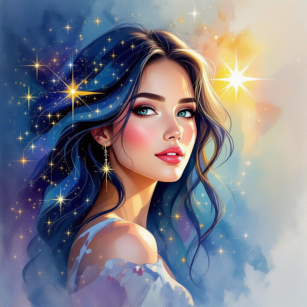 Woman with Star Hair in Abstract Style