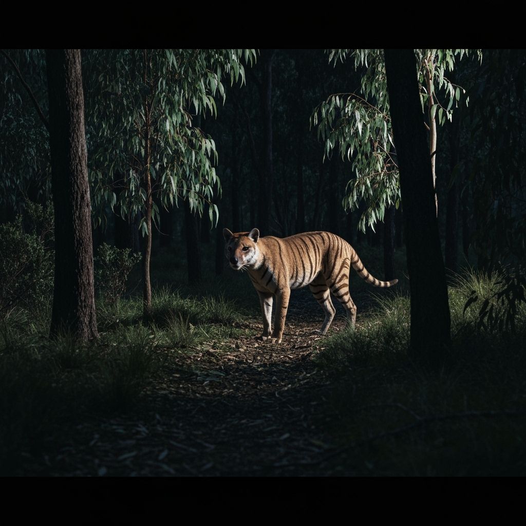 Thylacine Prowling in Eucalyptus Forest: Cinematic Film Stil...