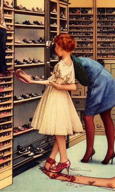 Teen's First Heels: Vintage Shoe Shop Illustration