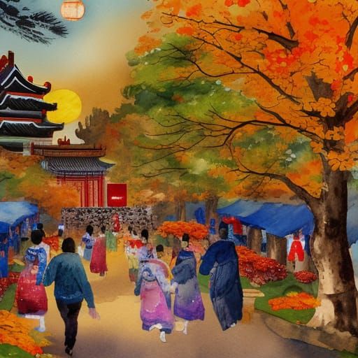 Autumn Moon Festival in Gouache Style