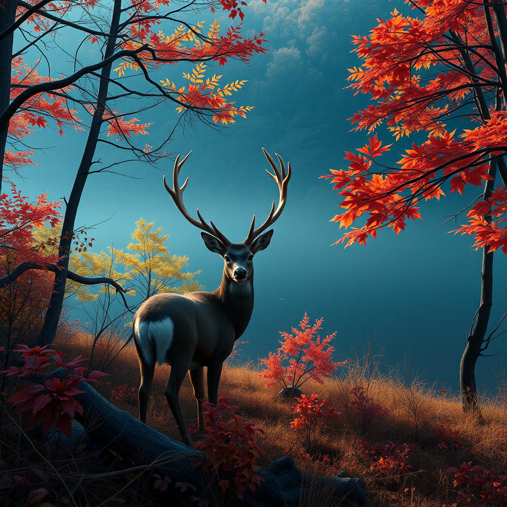 Fallow Deer in Autumn Forest Lake in Detailed Matte Painting...