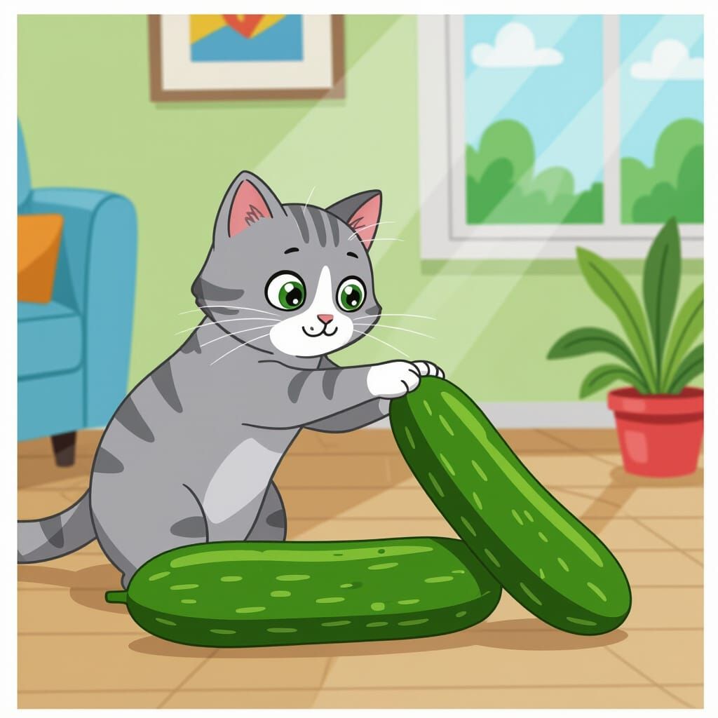 Cat Pokes Cucumber Cautiously in Cartoon Style