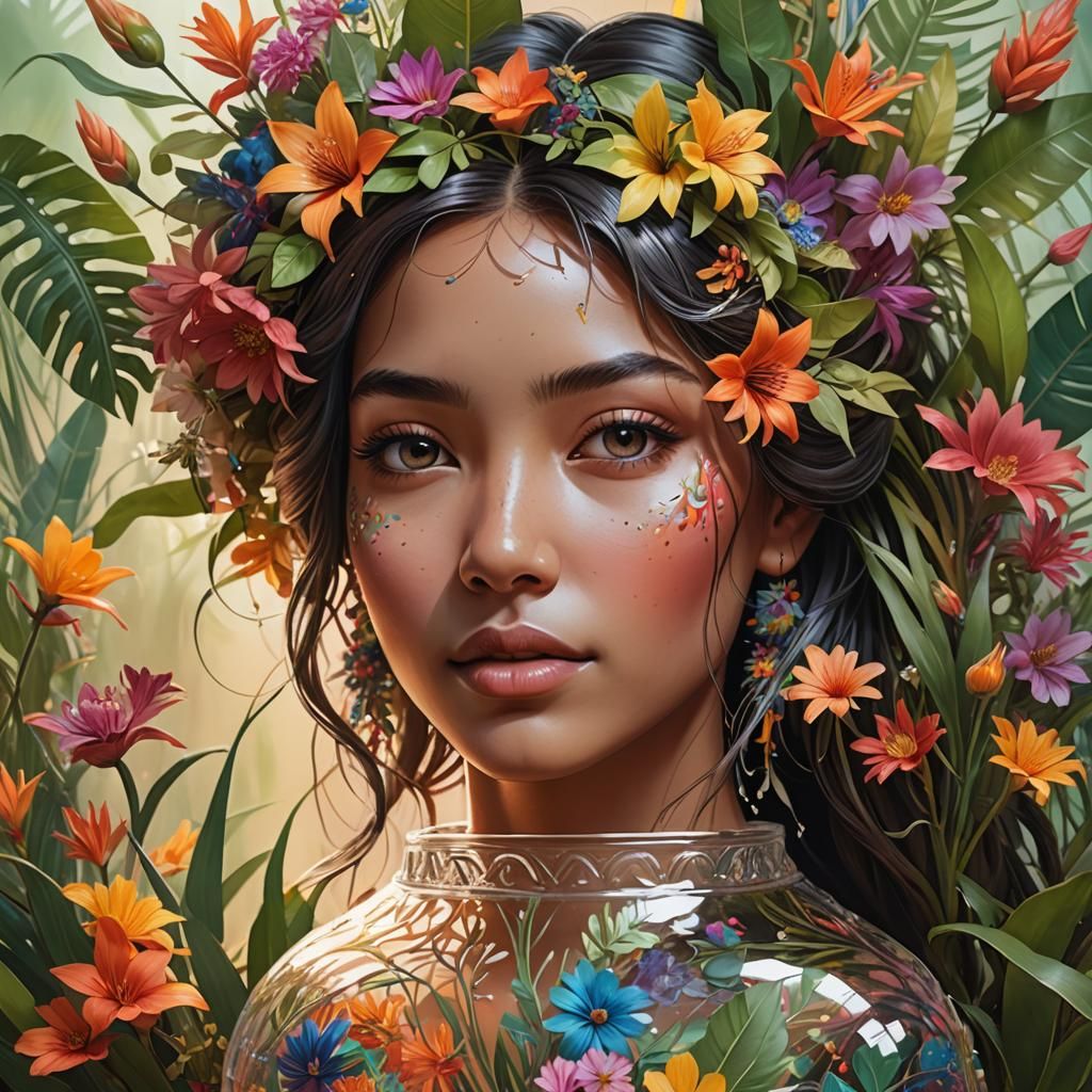 Woman with Native Flowers in Hair: 3D Splash Art