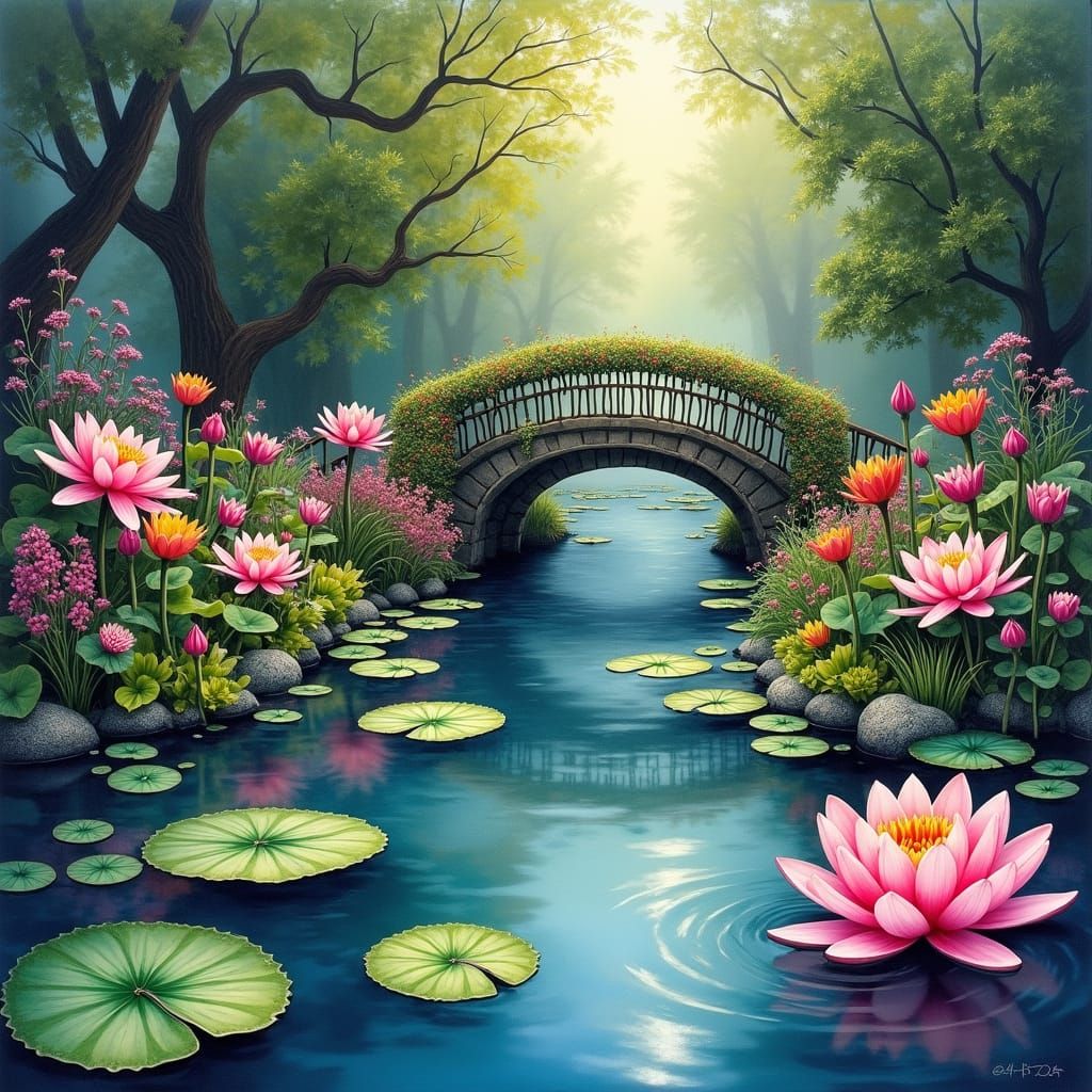 Fractal Exotic Elegance, colorful garden, pond, lilies, brid...