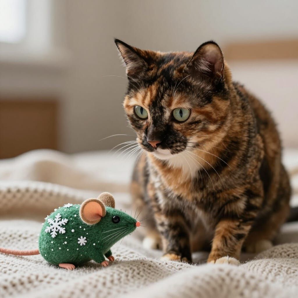 Tortoiseshell Cat Peanut with Snowflake Mouse Toy
