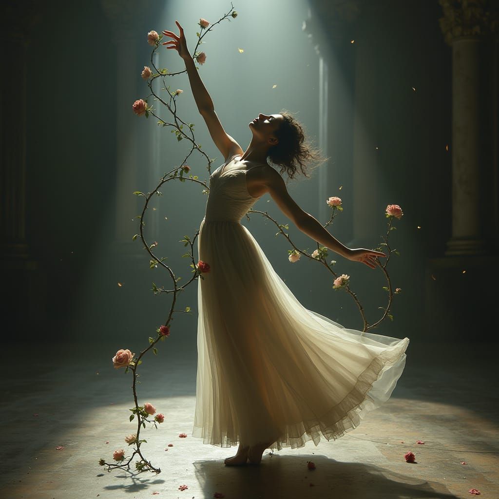 Gothic Dancer Transforms Amidst Thorny Rose Vines