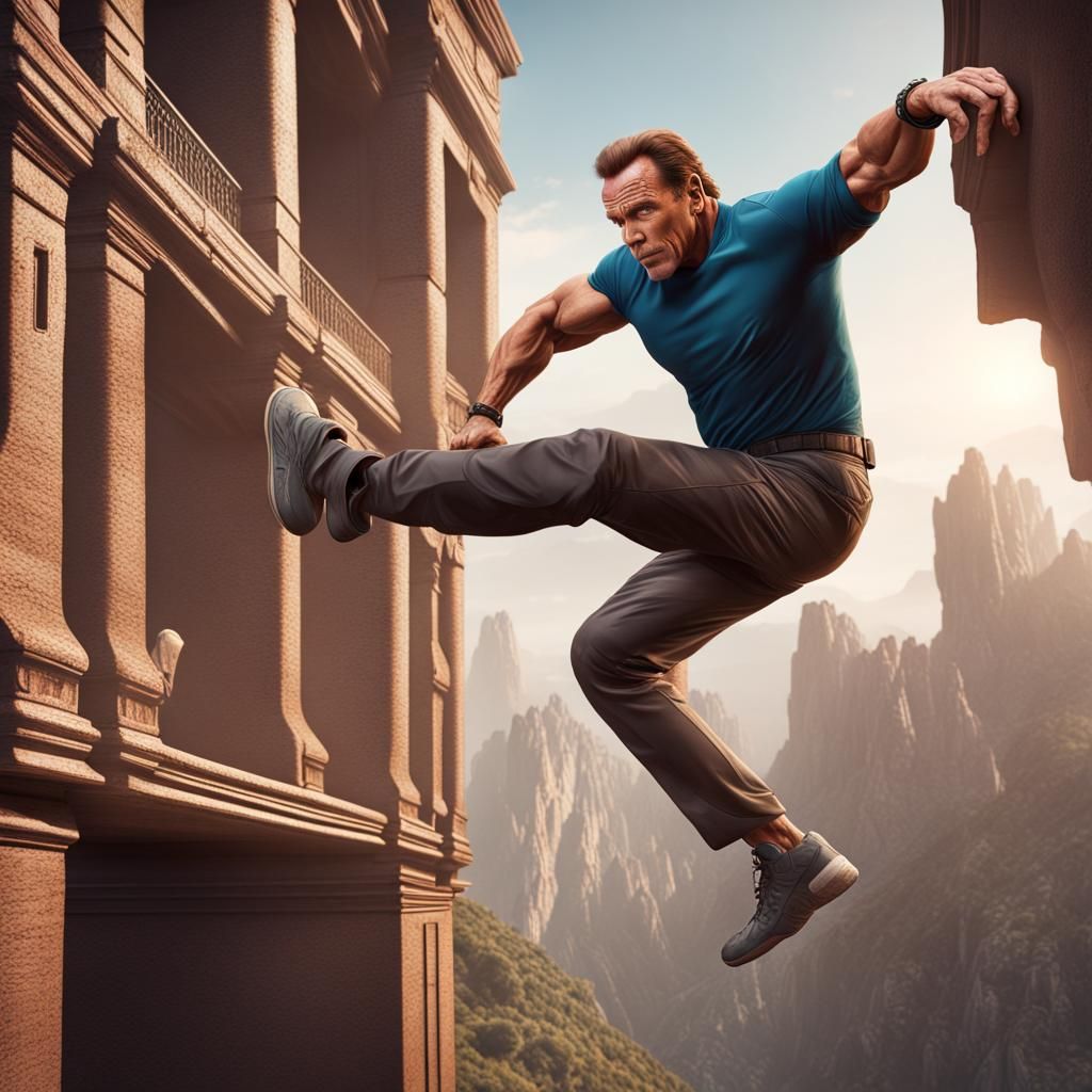 Arnold Schwarzenegger Parkour in Detailed Matte Painting