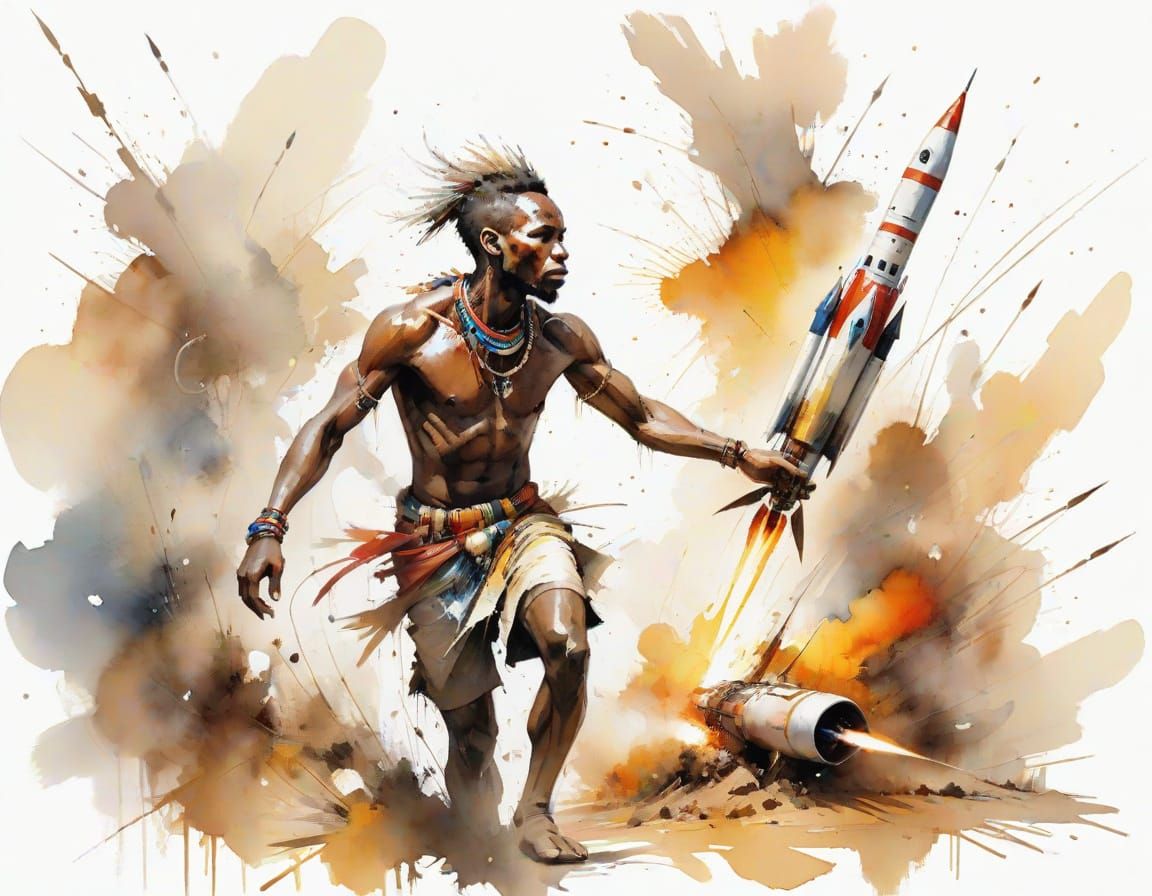 African Tribe Launches Rocket in Watercolour Style