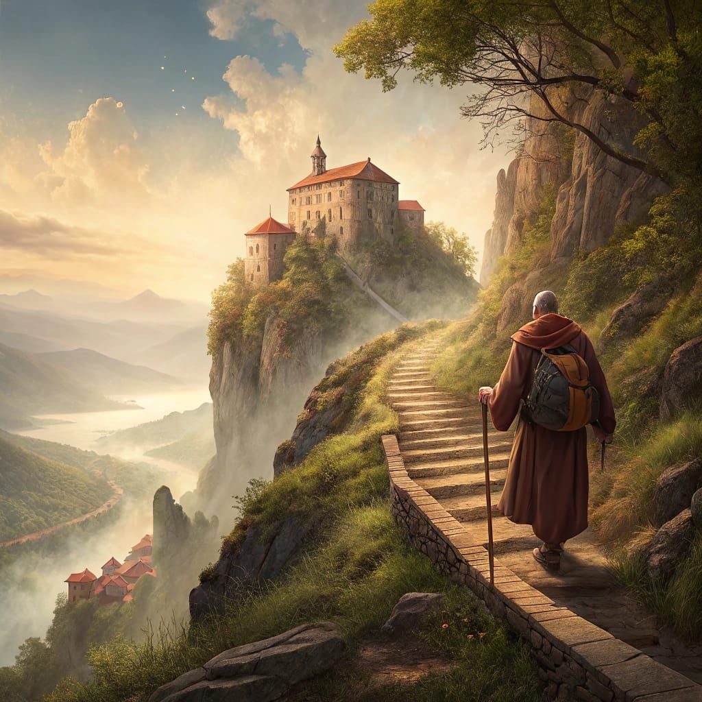 Monk Ascends Misty Mountain to Monastery in Fantasy Art Styl...