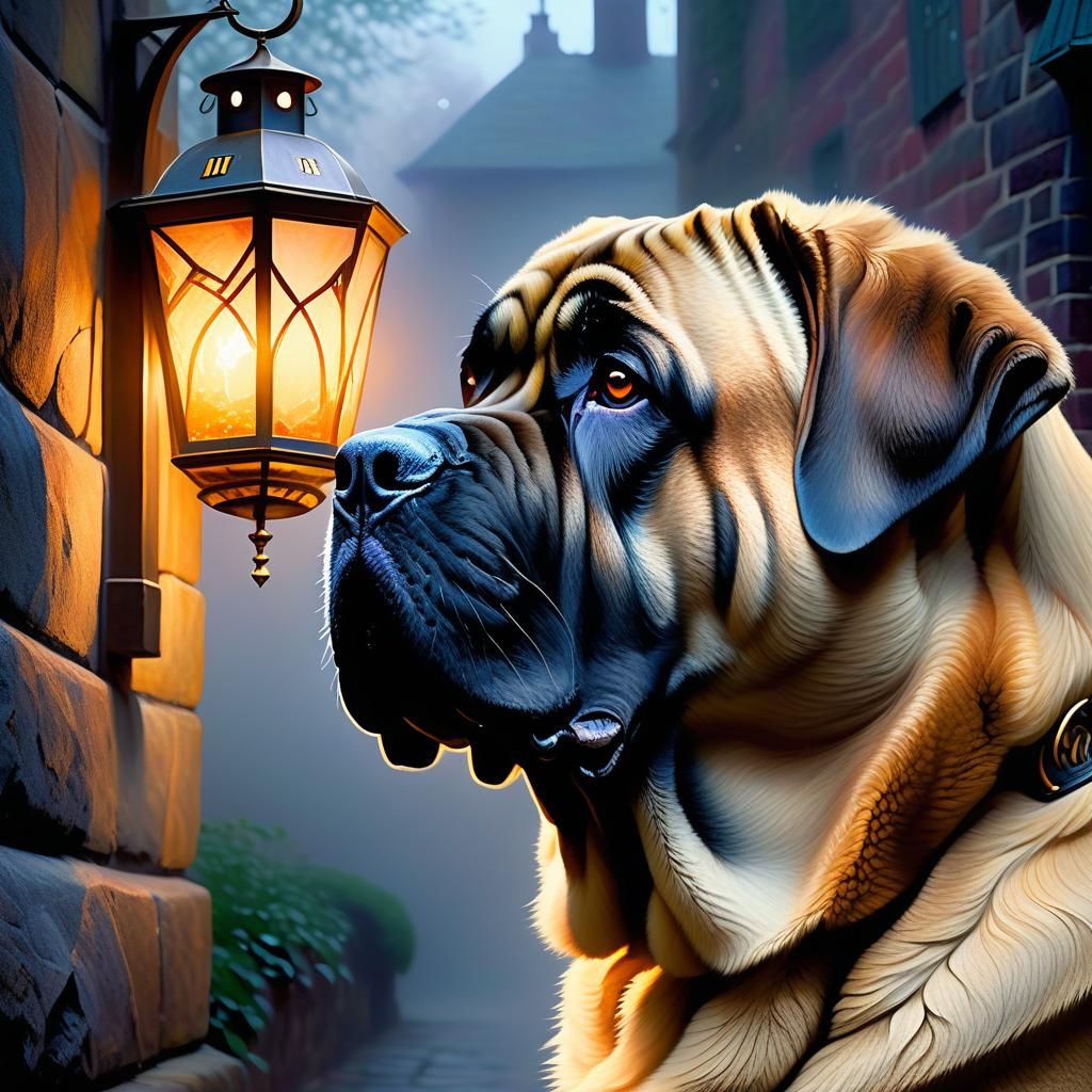 English Mastiff in Misty Alleyway as Oil Painting