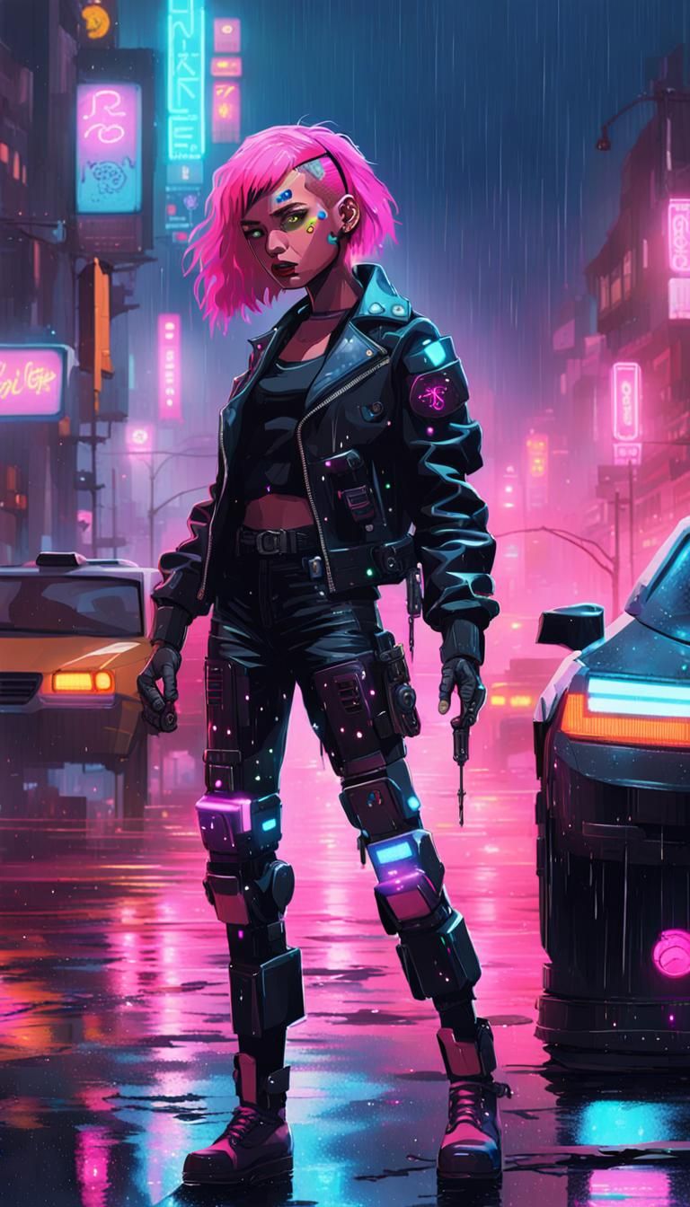 Cyberpunk Girl Points to AI Police Robot