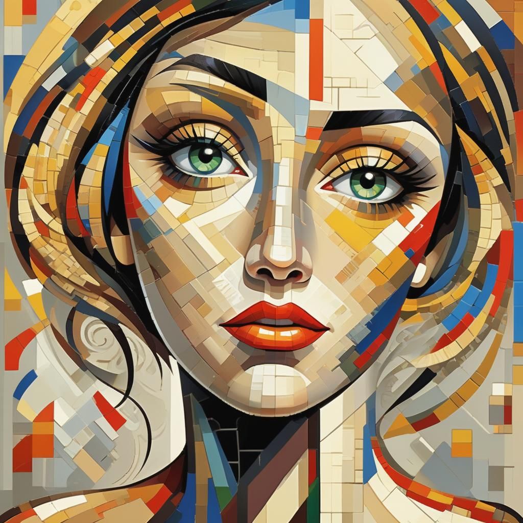 Pixel Art Woman's Face in Cubist Style