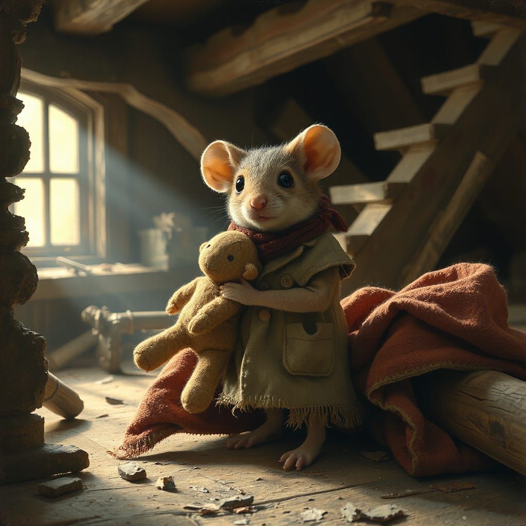 Mouse with Ragdoll in Attic, Whimsical Illustration