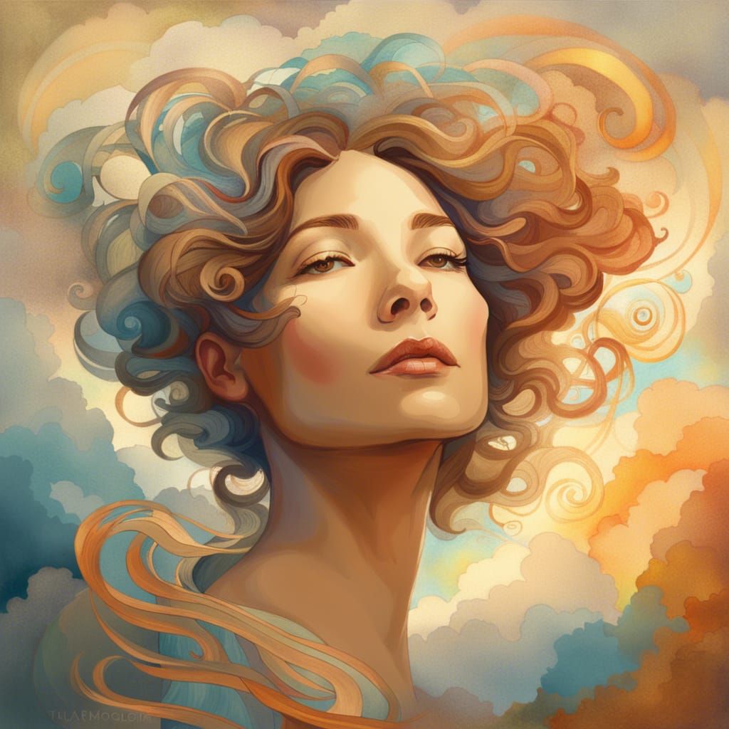 Woman Paints Clouds in Art Nouveau Style