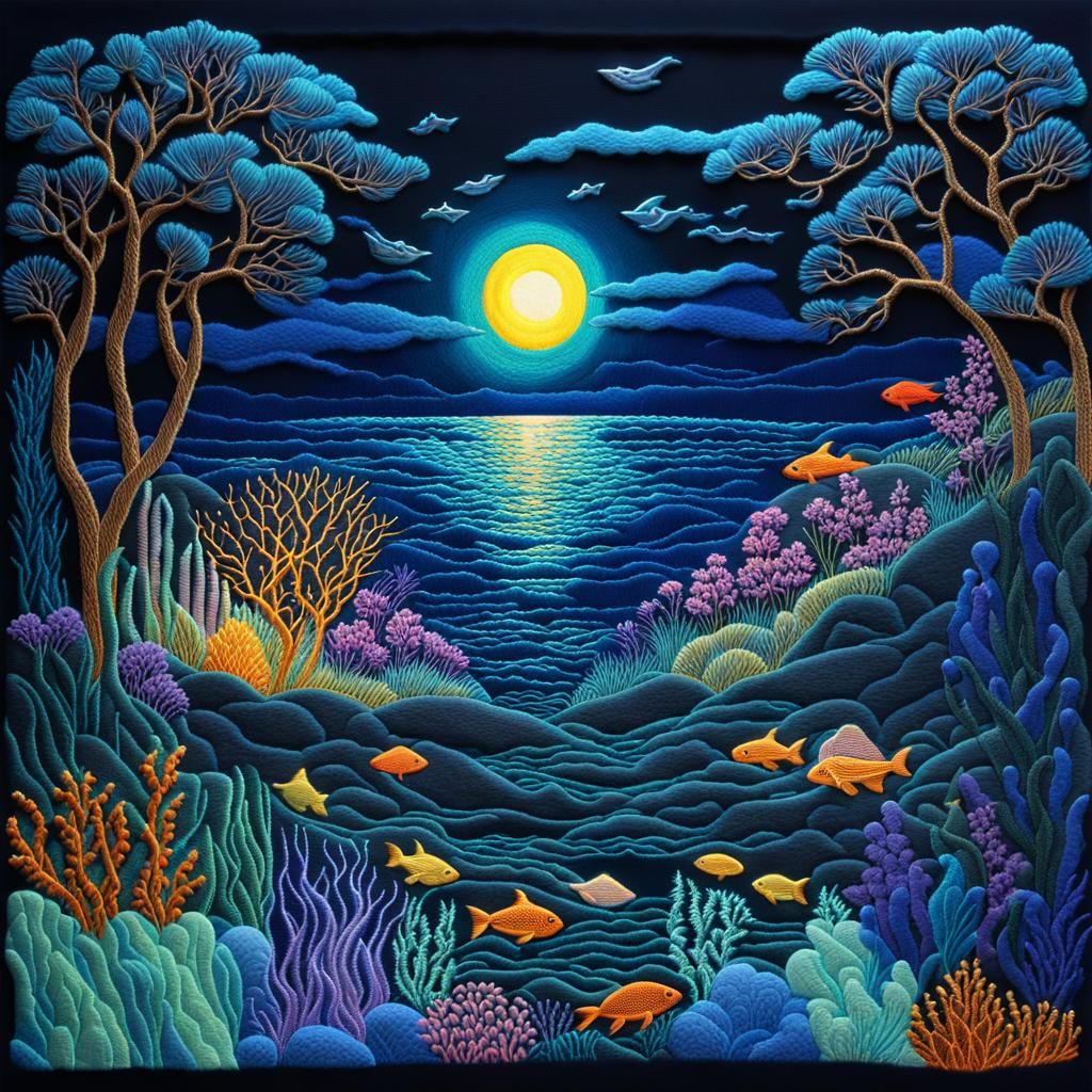 Embroidered Bioluminescent Underwater Scene at Night